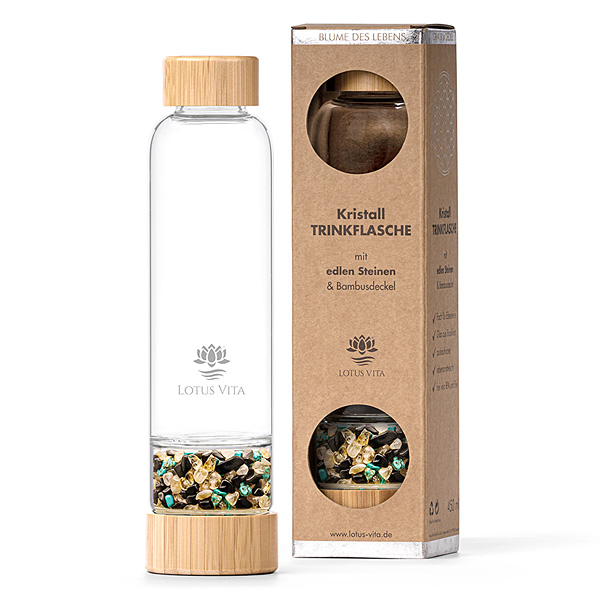 Glastrinkflasche mit Kristallsteinen - Goldener Beryll, Turmalin, Türkis